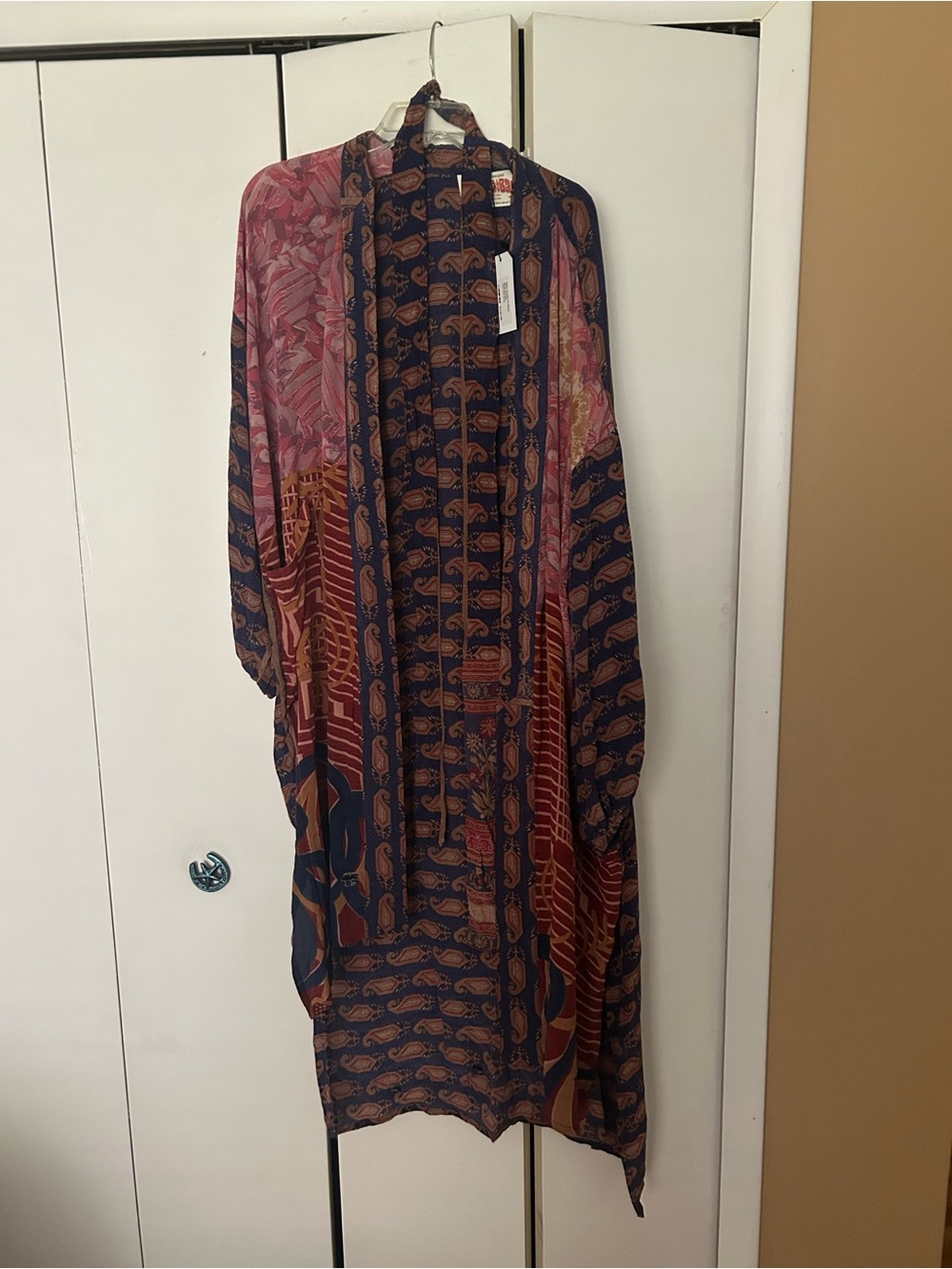 Boho Printed Long Duster Jacket - Navy & Rust
